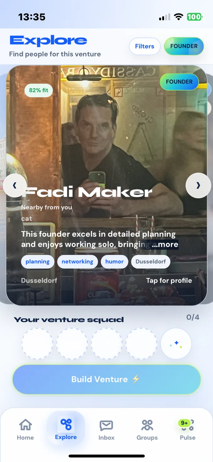 Kipl Explore screen showing a nearby founder card with fit score, tags and venture squad controls